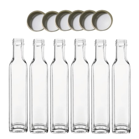 Butelki 250 ml maraski kwadratowe soki na olej oliwę fi31 6szt NAKRĘTKI