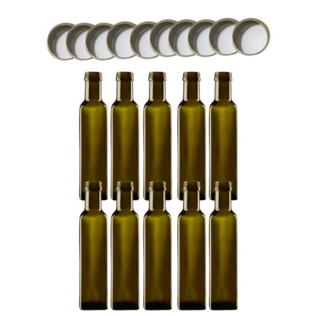 Butelki 250 ml maraski kwadratowe zielone na olej oliwę fi31 10szt NAKRĘTKI