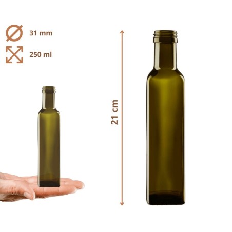 Butelki 250 ml maraski kwadratowe zielone na olej oliwę fi31 10szt NAKRĘTKI