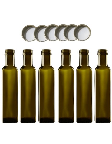 Butelki 250 ml maraski kwadratowe zielone na olej oliwę fi31 6szt NAKRĘTKI - produkt 2