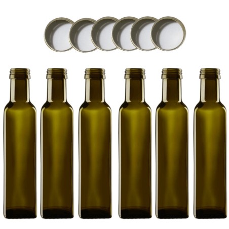 Butelki 250 ml maraski kwadratowe zielone na olej oliwę fi31 6szt NAKRĘTKI
