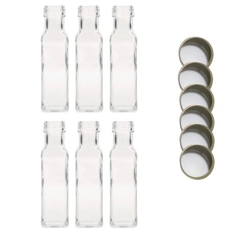 Butelki 100 ml maraski kwadratowe soki na olej oliwę fi31 6szt NAKRĘTKI