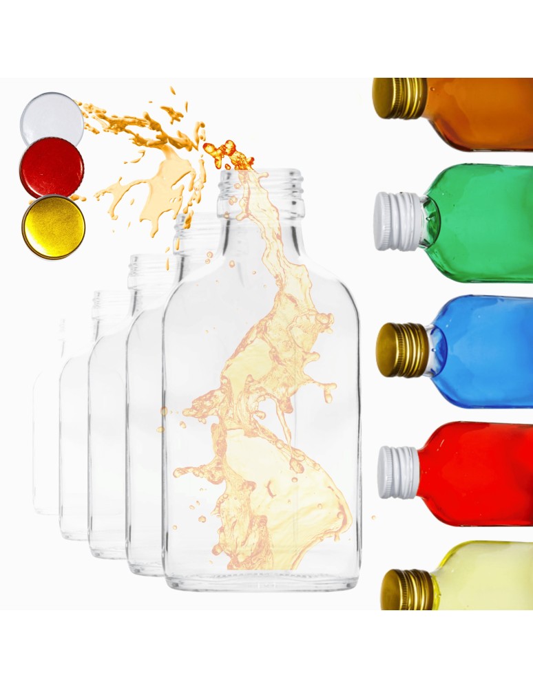 Szklane butelki na alkohol - galoniki - Butelki 100 ml piersiówki płaskie na sok nalewki fi28 100szt NAKRĘTKI PZH - produkt MODO24.PL 1