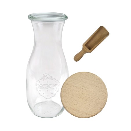 Słoiki WECK / drewniane wieko, miarka KARAFKA 1l 1062ml BUTELKA
