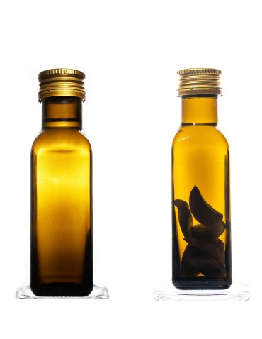 Szklane butelki na alkohol - galoniki - Oliwkowa butelka Marasca 100 ml · fi 31,5 mm · złota zakrętka · Zestaw 6 sztuk - product 13