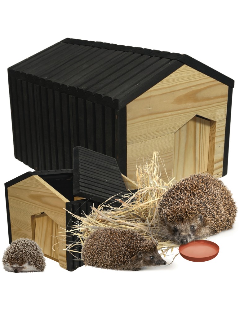 Dom dla jeży - Domek dla jeża drewniany EKO impregnowany 25x36x27 cm z siankiem i miseczką - produkt MODO24.PL 1