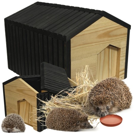 Domek dla jeża drewniany EKO impregnowany 25x36x27 cm z siankiem i miseczką