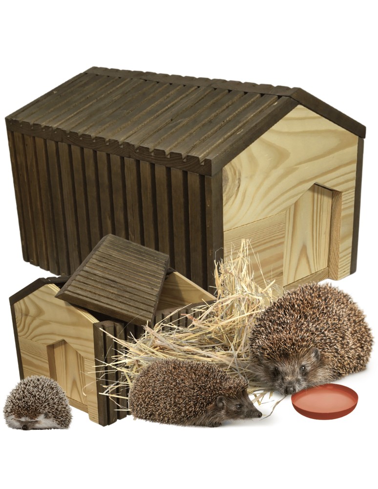 Dom dla jeży - Domek dla jeża drewniany EKO impregnowany 25x36x27 cm z siankiem i miseczką - produkt MODO24.PL 1