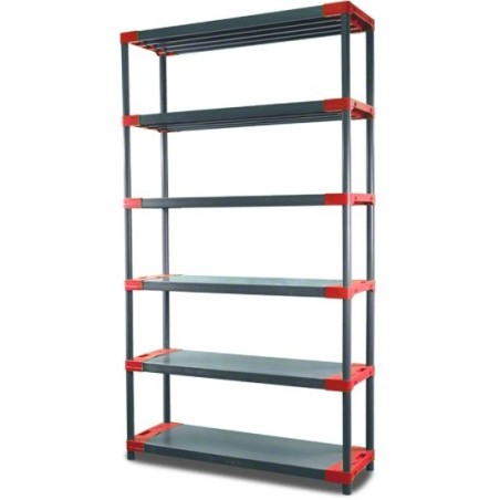 Regał plastikowy TYTAN-6 222x100x46 szary - czerwone brzegi blatów