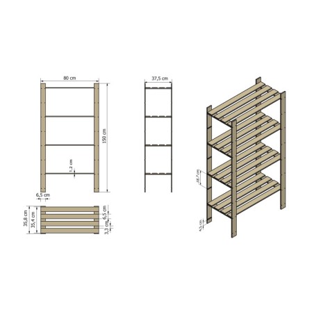Regal sosnowy B-23 150x80x38, 4 półki ażurowe