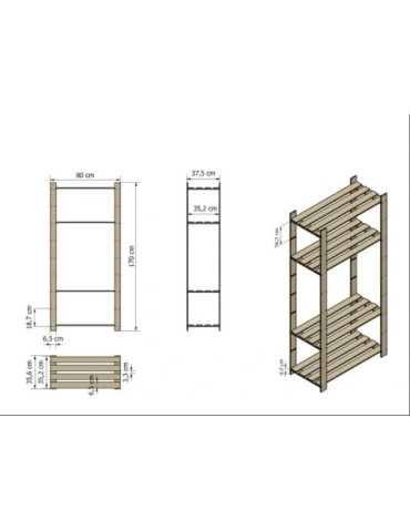 regały seria B - Pięciopółkowy regał sosnowy B-24 170x80x38, w kolorze brązowym - product 3