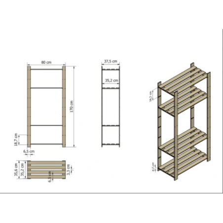 Pięciopółkowy regał sosnowy B-24 170x80x38, w kolorze brązowym