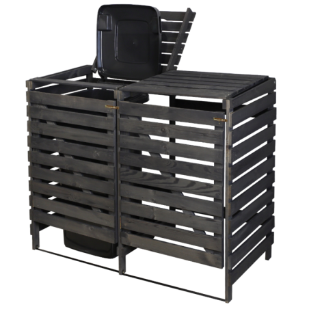 Drewniana wiata w kolorze antracytowym na dwa śmietniki o pojemności 120 l