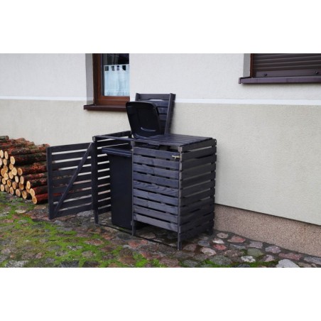 Drewniana wiata w kolorze antracytowym na dwa śmietniki o pojemności 120 l
