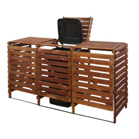 Potrójna wiata śmietnikowa · Drewniana zabudowa na kosze 120 l · kolor brązowy