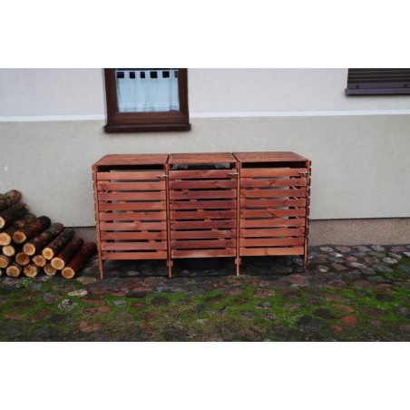 Potrójna wiata śmietnikowa · Drewniana zabudowa na kosze 120 l · kolor brązowy