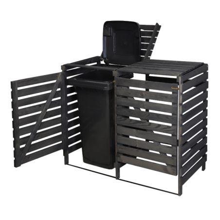 Drewniana wiata w kolorze antracytowym na dwa śmietniki o pojemności 120 l