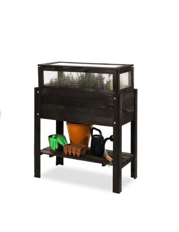 Drewniany Inspekt Miniszklarnia OBL Czarna ~ Pokrywa Prosta, Półka Dolna