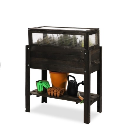 Drewniany Inspekt Miniszklarnia OBL Czarna ~ Pokrywa Prosta, Półka Dolna