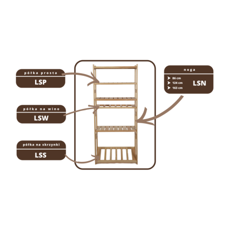 Regał Drewniany LSR półki mieszane 4 + 1 + 1 – brąz