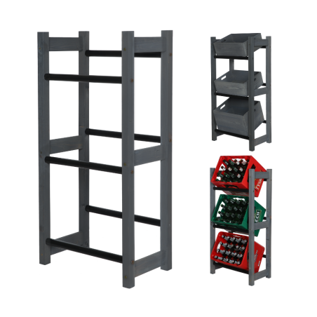 Regał na Skrzynki Transportowe (3szt) – Plastik/ Drewno Szare – RSR_053X32_3_S0K1