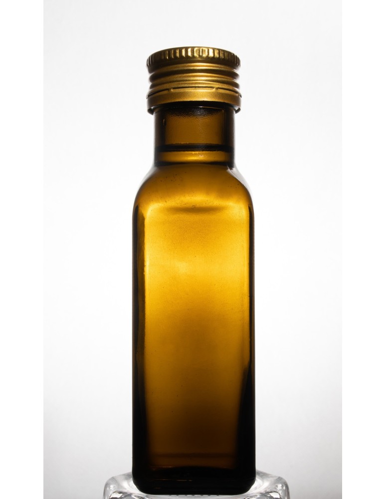 Szklane butelki na alkohol - galoniki - Oliwkowa butelka Marasca 100 ml · fi 31,5 mm · złota zakrętka · Zestaw 6 sztuk - product MODO24.PL 2