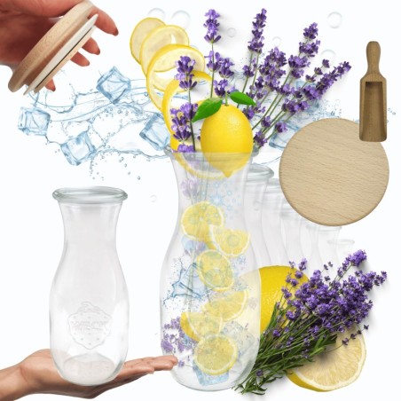 Słoiki WECK 6szt/ drewniane wieko, miarka KARAFKA 1l 1062ml BUTELKA