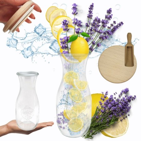 Słoiki WECK / drewniane wieko, miarka KARAFKA 1l 1062ml BUTELKA