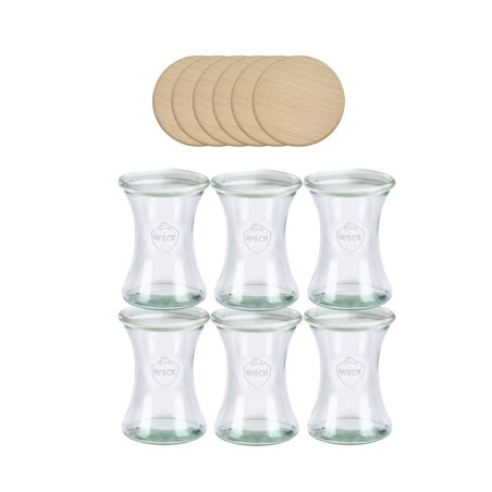 Słoiki Weck 370ml pucharek DELI żaroodporne drewniane wieka 6szt SOLIDNE