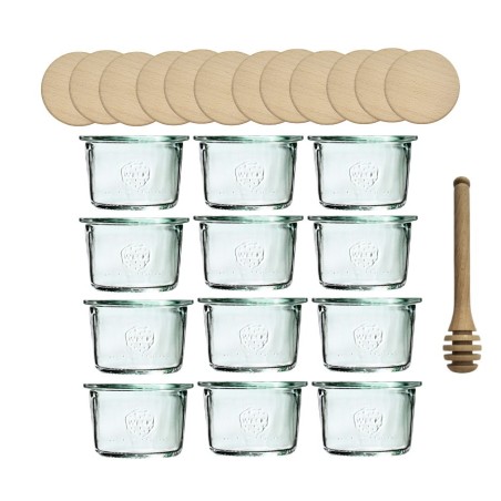 Słoiki Weck 80ml przetwory MOLD żaroodporne drewniane wieka 12szt nabierak