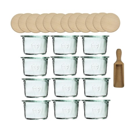 Słoiki Weck 80ml przetwory MOLD żaroodporne drewniane wieka 12szt miarka