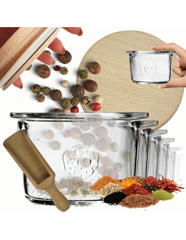 Słoiki Weck 80ml przetwory MOLD żaroodporne drewniane wieka 6szt miarka