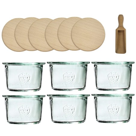 Słoiki Weck 80ml przetwory MOLD żaroodporne drewniane wieka 6szt miarka