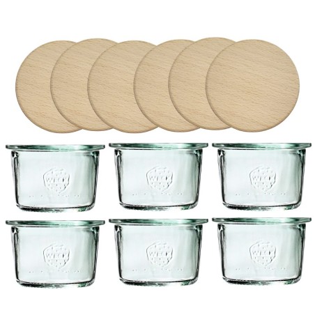 Słoiki Weck 80ml przetwory MOLD żaroodporne drewniane wieka 6szt SOLIDNE