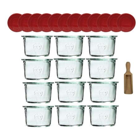 Słoiki Weck 80ml przetwory MOLD żaroodporne silikonowe wieko 12szt miarka