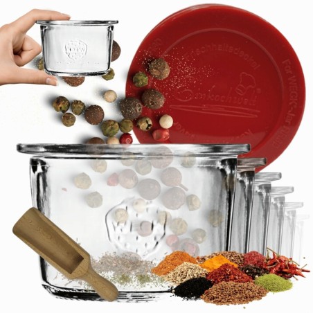 Słoiki Weck 80ml przetwory MOLD żaroodporne silikonowe wieko 6szt miarka