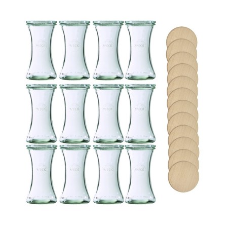 Słoiki Weck 200ml pucharek DELI żaroodporne drewniane wieka 12szt SOLIDNE