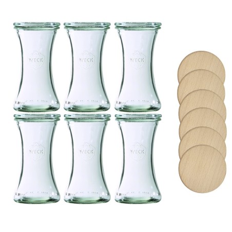 Słoiki Weck 200ml pucharek DELI żaroodporne drewniane wieka 6szt SOLIDNE