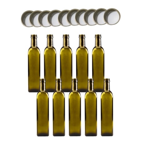 Butelki 500 ml maraski kwadratowe zielone na olej oliwę fi31 10szt NAKRĘTKI