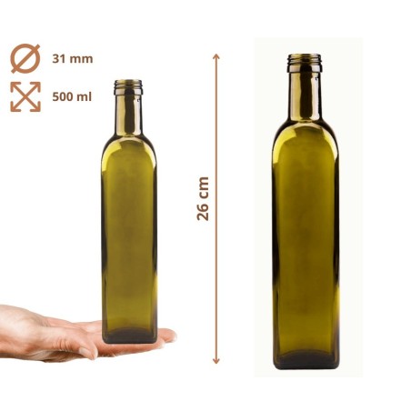 Butelki 500 ml maraski kwadratowe zielone na olej oliwę fi31 10szt NAKRĘTKI